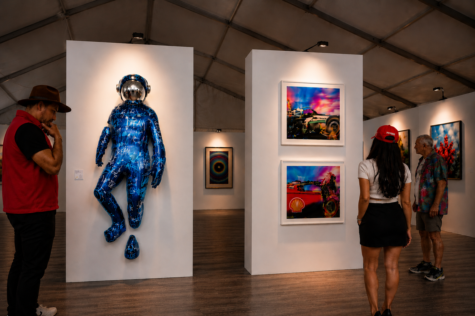 Visitors viewing artwork on illuminated freestanding white walls at a gallery exhibition.