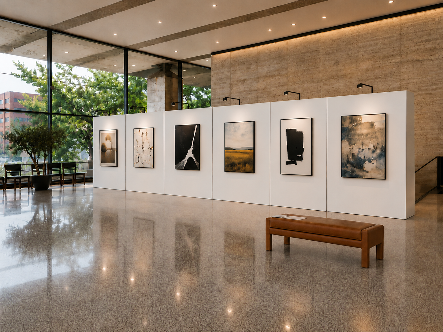 White gallery walls displaying framed artwork in a bright exhibition space with polished floors and large windows.