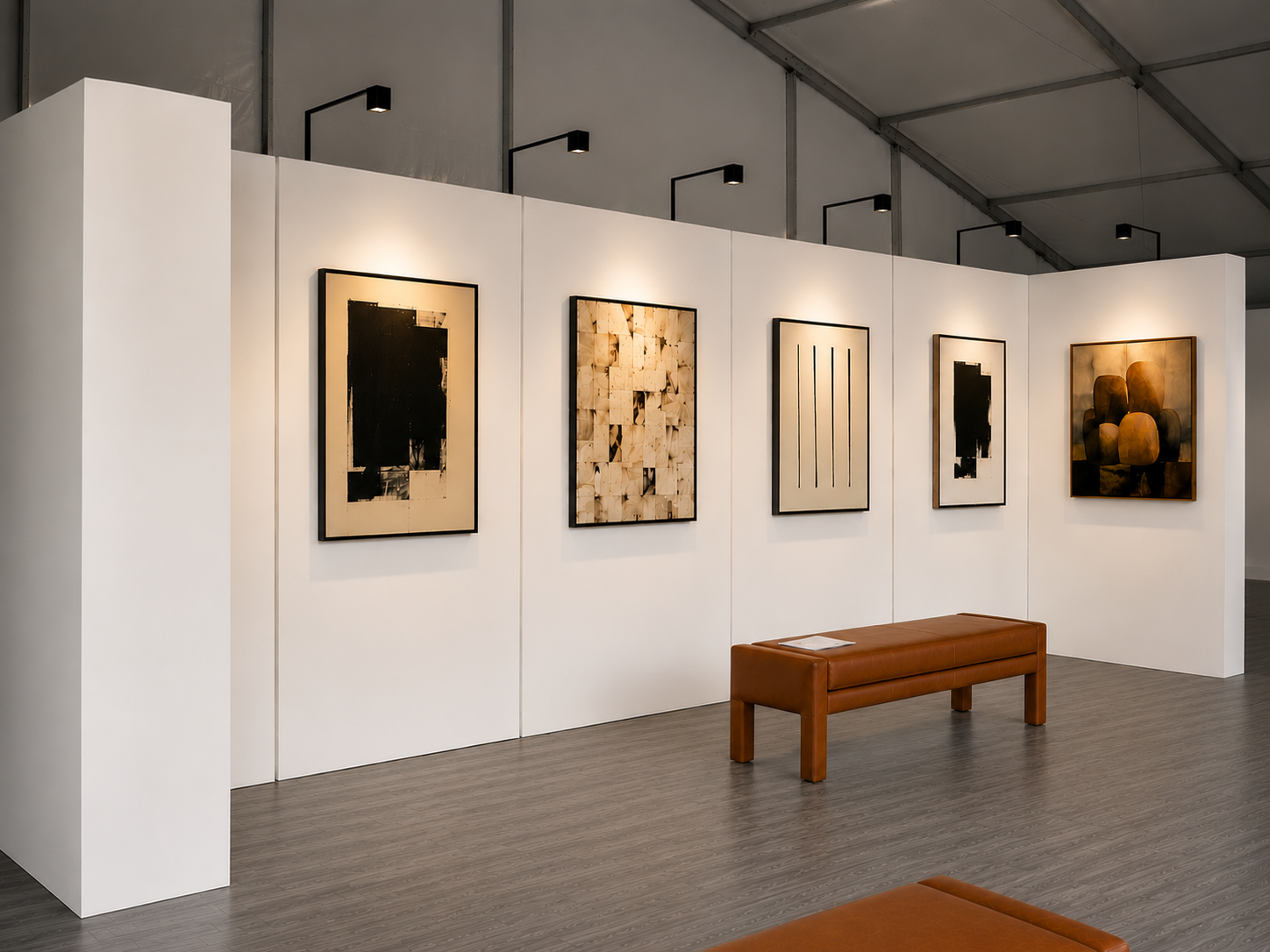 A row of white exhibition walls with framed art, individual lights and a wooden bench.